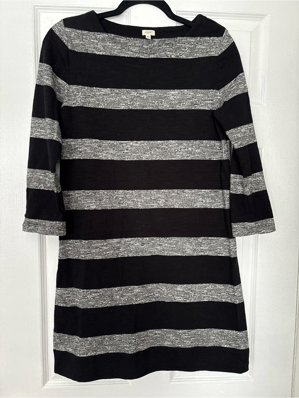 J.Crew Black Gray Striped Cotton Shift Dress XS 3/4 Sleeve